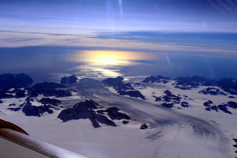 View from a survey flight over the Helheim/Kangerlussuaq region of Greenland. 