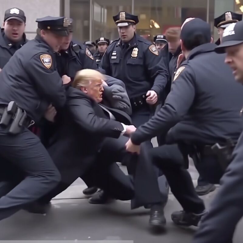 AI-generated photo faking Donald Trump's possible arrest, created by Eliot Higgins using Midjourney v5.'s possible arrest, created by Eliot Higgins using Midjourney v5.