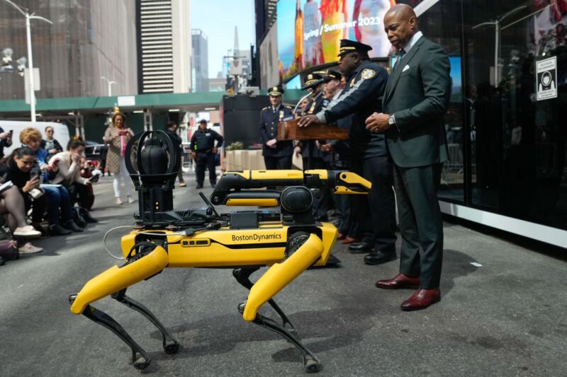 NYC Mayor Eric Adams holds a press conference with members of the NYPD and Boston Dynamics' Spot.