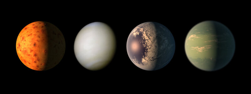 Surveying the atmospheres of planets beyond the solar system, such as those in the TRAPPIST-1 system (artist’s concept of four of the system’s seven planets shown), could turn up interesting molecules that might indicate life. But ruling out false positives will be a challenge.