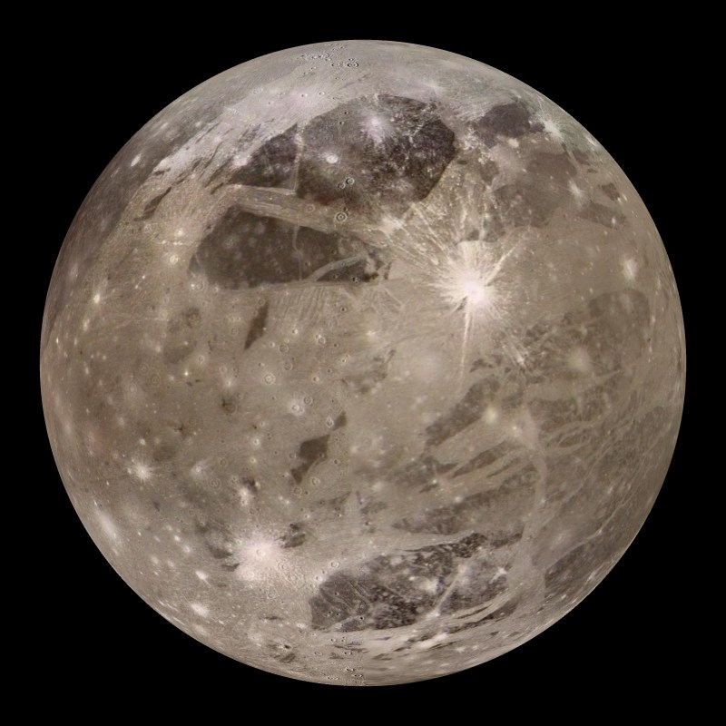 Image of a moon with light and dark patches and many craters.